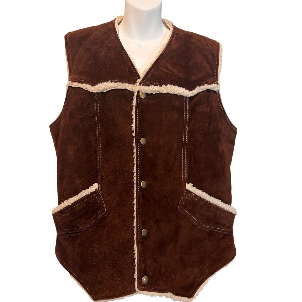 Vtg JC Penny split cowhide brown leather vest fleece lined Western ranch cowboy